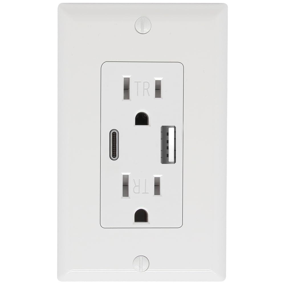 Wall Outlet 15 Amp, UL Listed, USB C & USB A Port, Charging Power Outlet with USB Ports, Tamper-Resistant Receptacle with Decor Wall Plates and Screws (White)