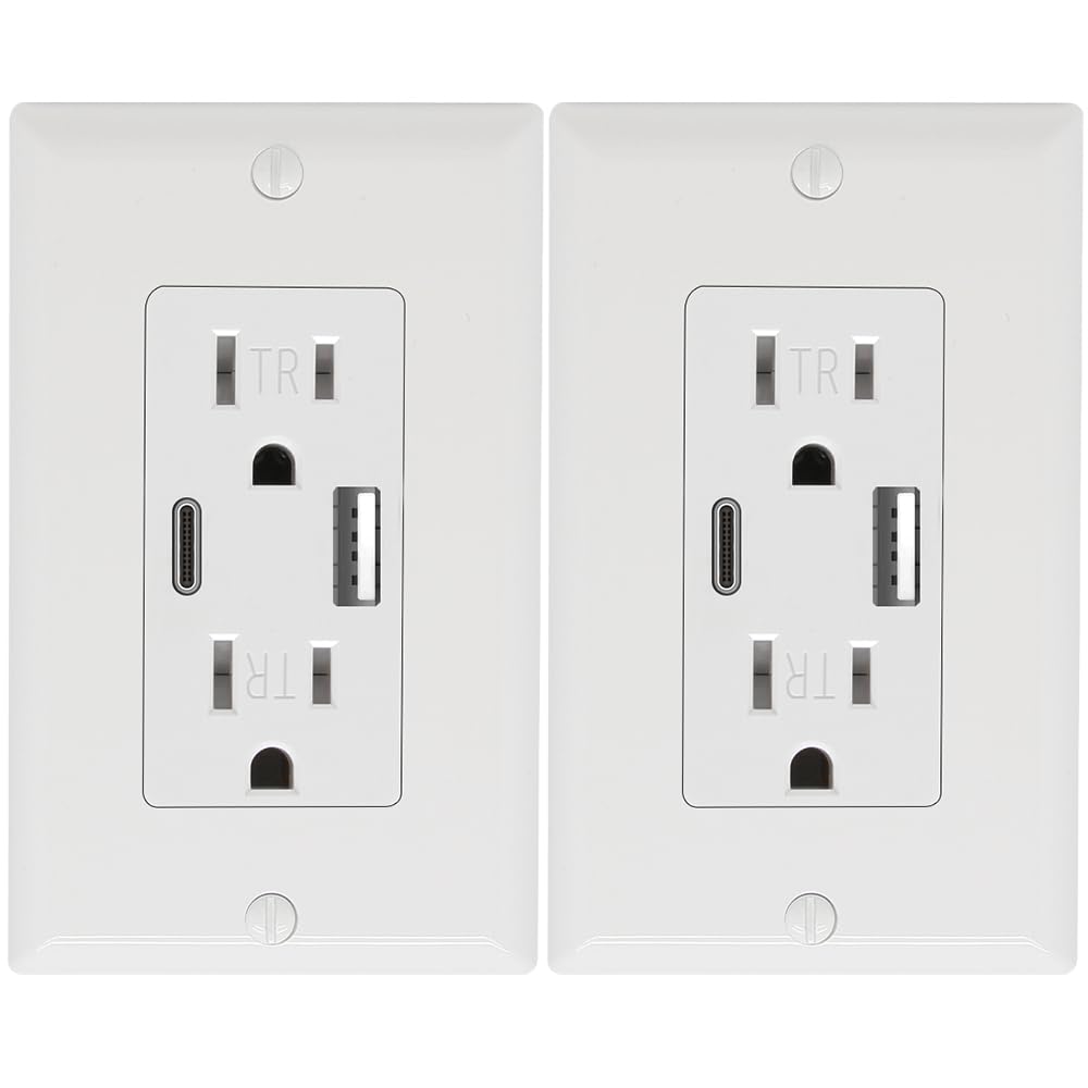 Wall Outlet 15 Amp, UL Listed, USB C & USB A Port, Charging Power Outlet with USB Ports, Tamper-Resistant Receptacle with Decor Wall Plates and Screws (White)