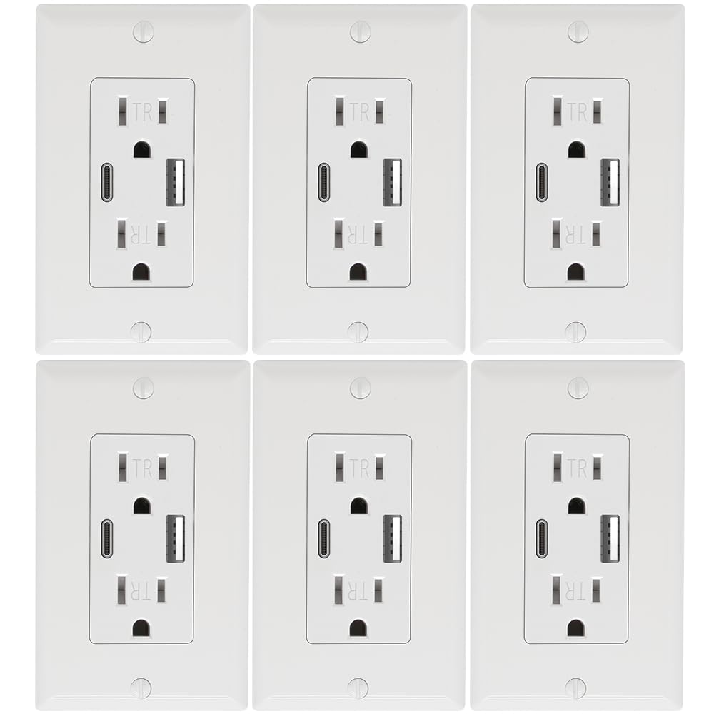 Wall Outlet 15 Amp, UL Listed, USB C & USB A Port, Charging Power Outlet with USB Ports, Tamper-Resistant Receptacle with Decor Wall Plates and Screws (White)