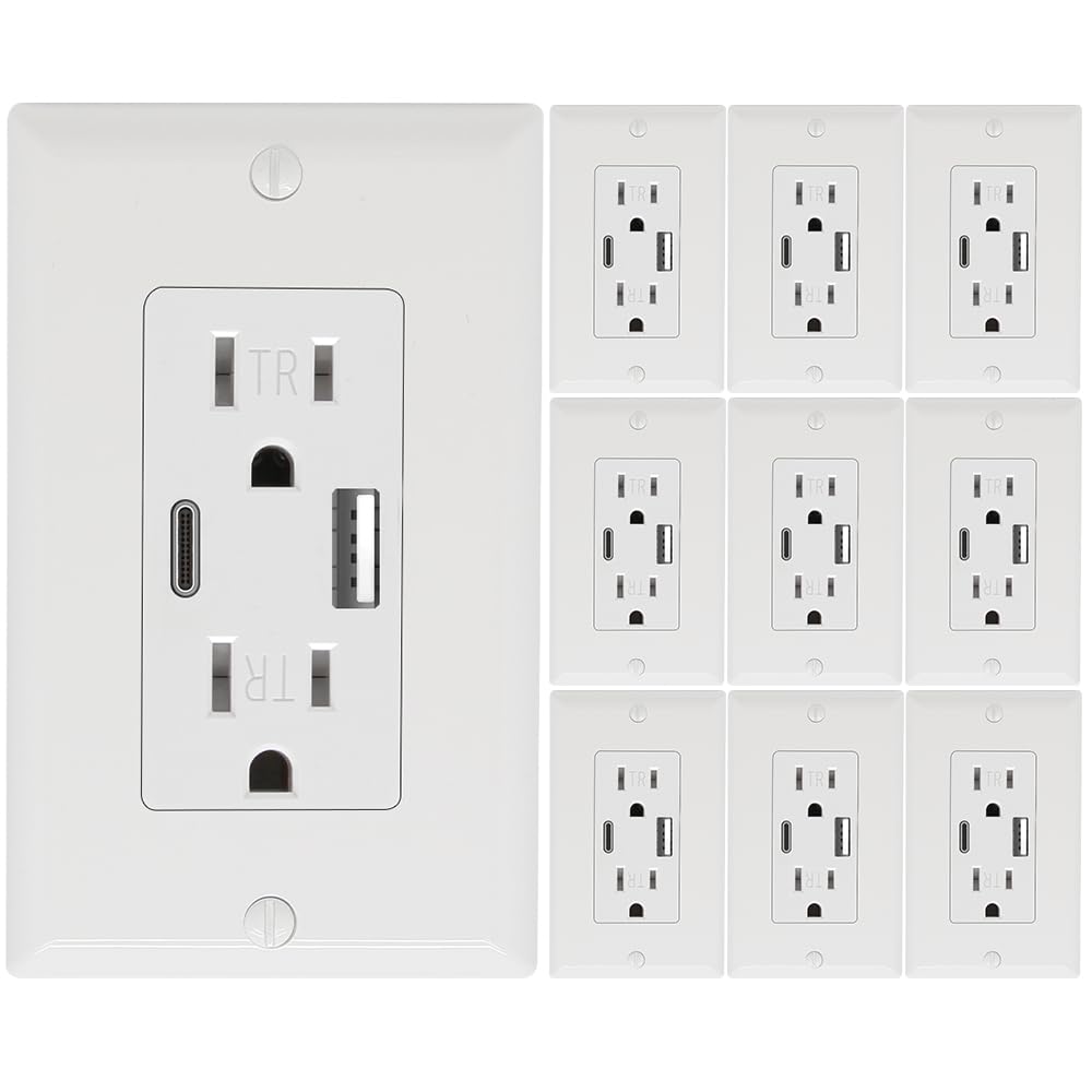Wall Outlet 15 Amp, UL Listed, USB C & USB A Port, Charging Power Outlet with USB Ports, Tamper-Resistant Receptacle with Decor Wall Plates and Screws (White)