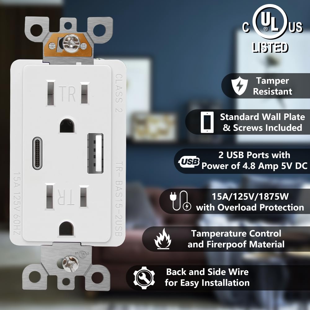 Wall Outlet 15 Amp, UL Listed, USB C & USB A Port, Charging Power Outlet with USB Ports, Tamper-Resistant Receptacle with Decor Wall Plates and Screws (White)