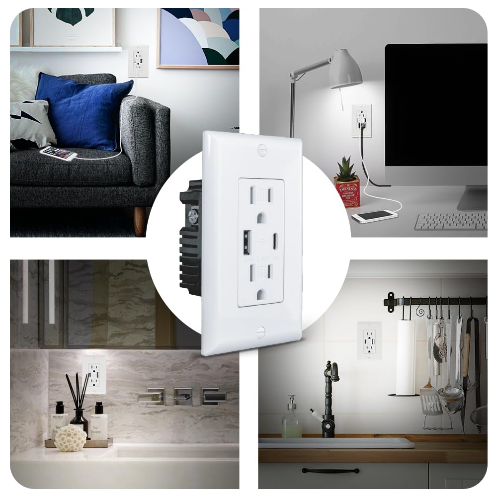 Wall Outlet 15 Amp, UL Listed, USB C & USB A Port, Charging Power Outlet with USB Ports, Tamper-Resistant Receptacle with Decor Wall Plates and Screws (White)