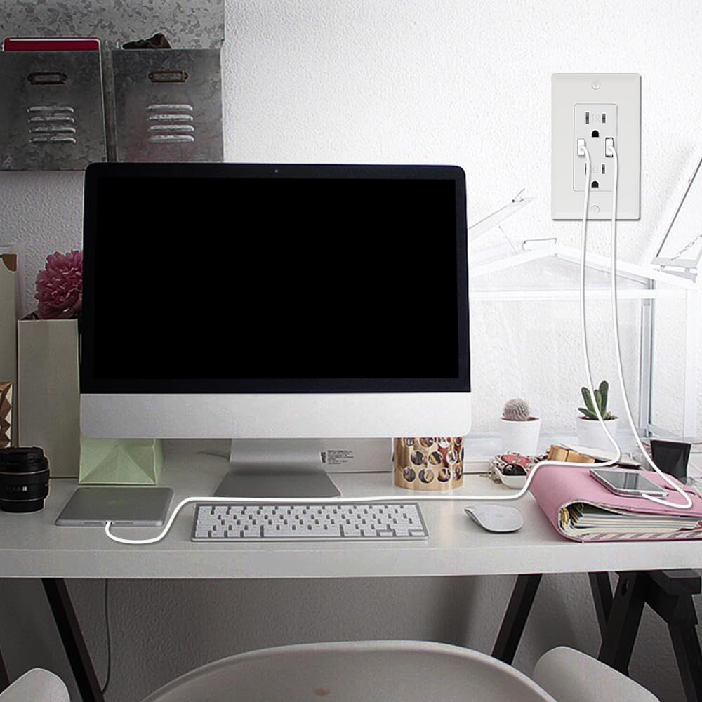 Wall Outlet 15 Amp, UL Listed, USB C & USB A Port, Charging Power Outlet with USB Ports, Tamper-Resistant Receptacle with Decor Wall Plates and Screws (White)