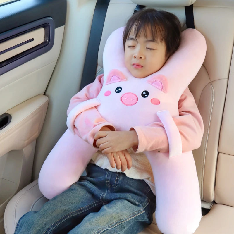 Car neck pillow attached to seat belt to support child's head