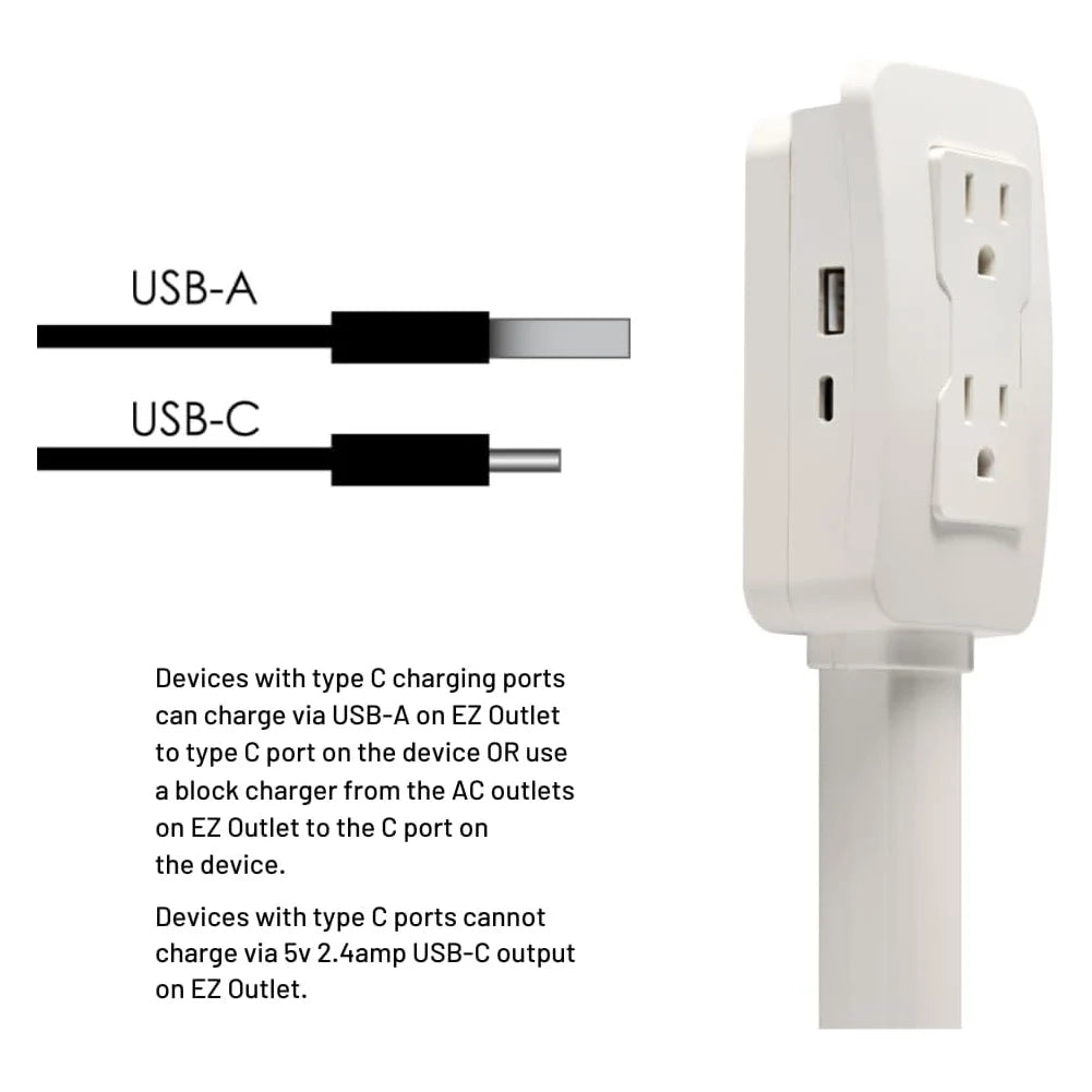 Luxxs Outlet Extender with USB-A USB-C & 2 AC Outlets Extendable 22-34" Rotatable 180° for Couches Desks Nightstands - Luxxs