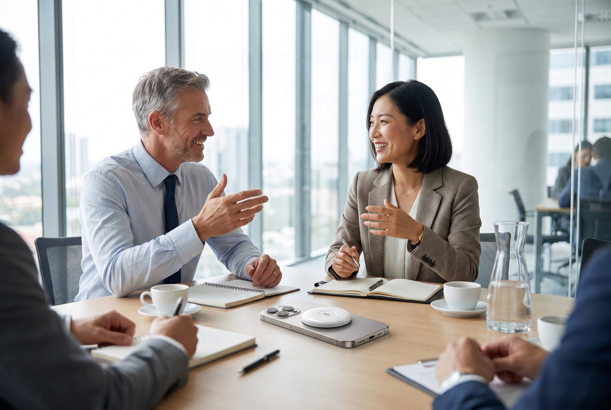 Two colleagues talking across a conference table with the translator on a phone between them