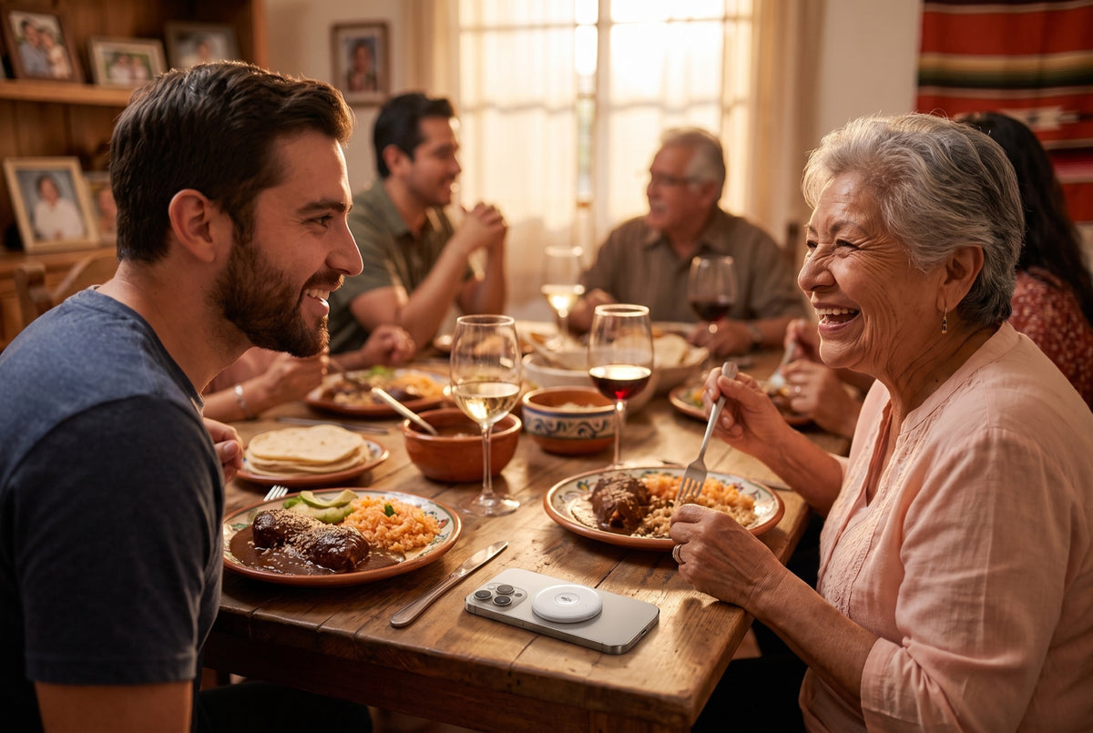 Young man laughing with his partner's grandmother at a family dinner, the translator on a phone between them