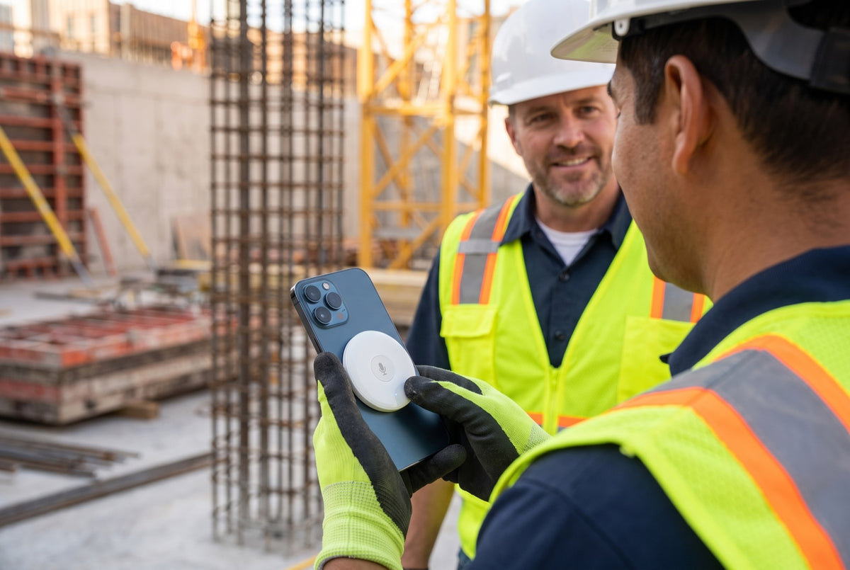 Construction worker pressing the translator on his phone while talking with his foreman