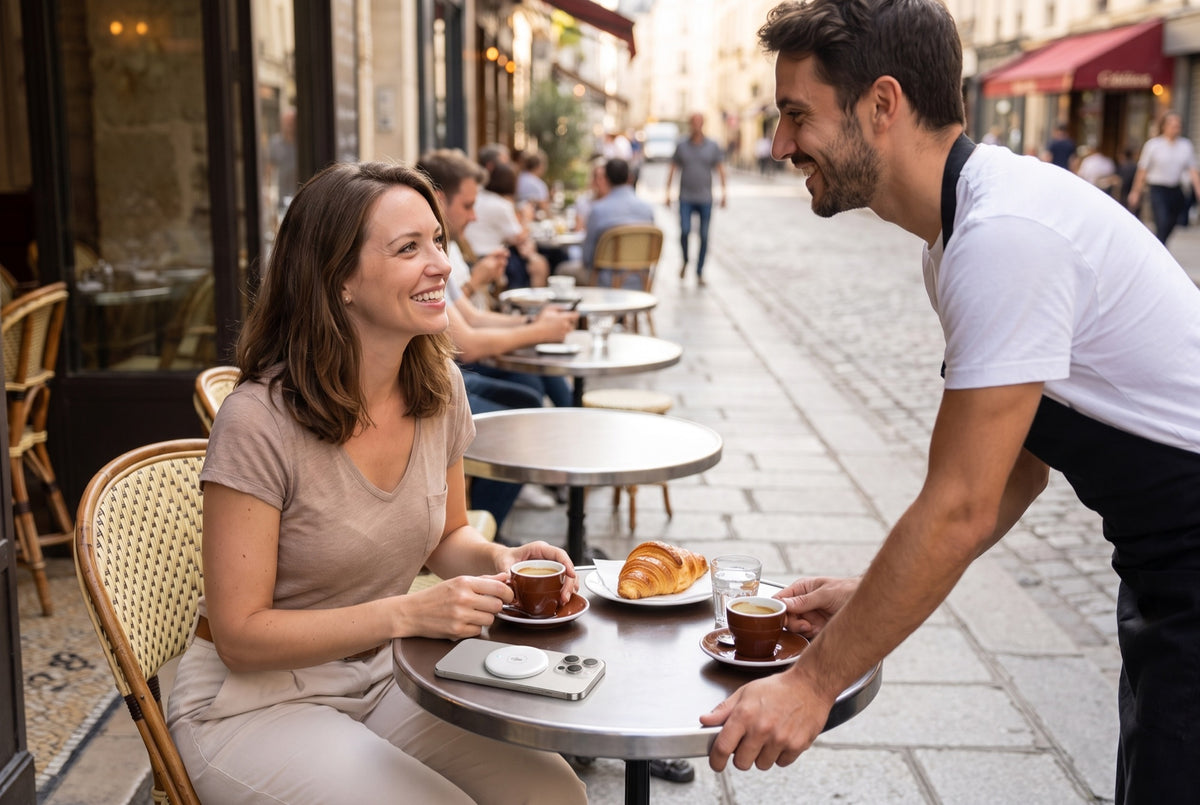 Traveler chatting with a waiter at a sidewalk café with the translator on her phone