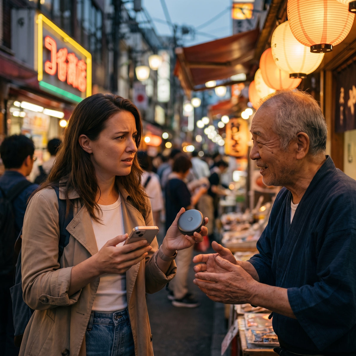 A traveler on a busy Tokyo street trying to understand a local vendor