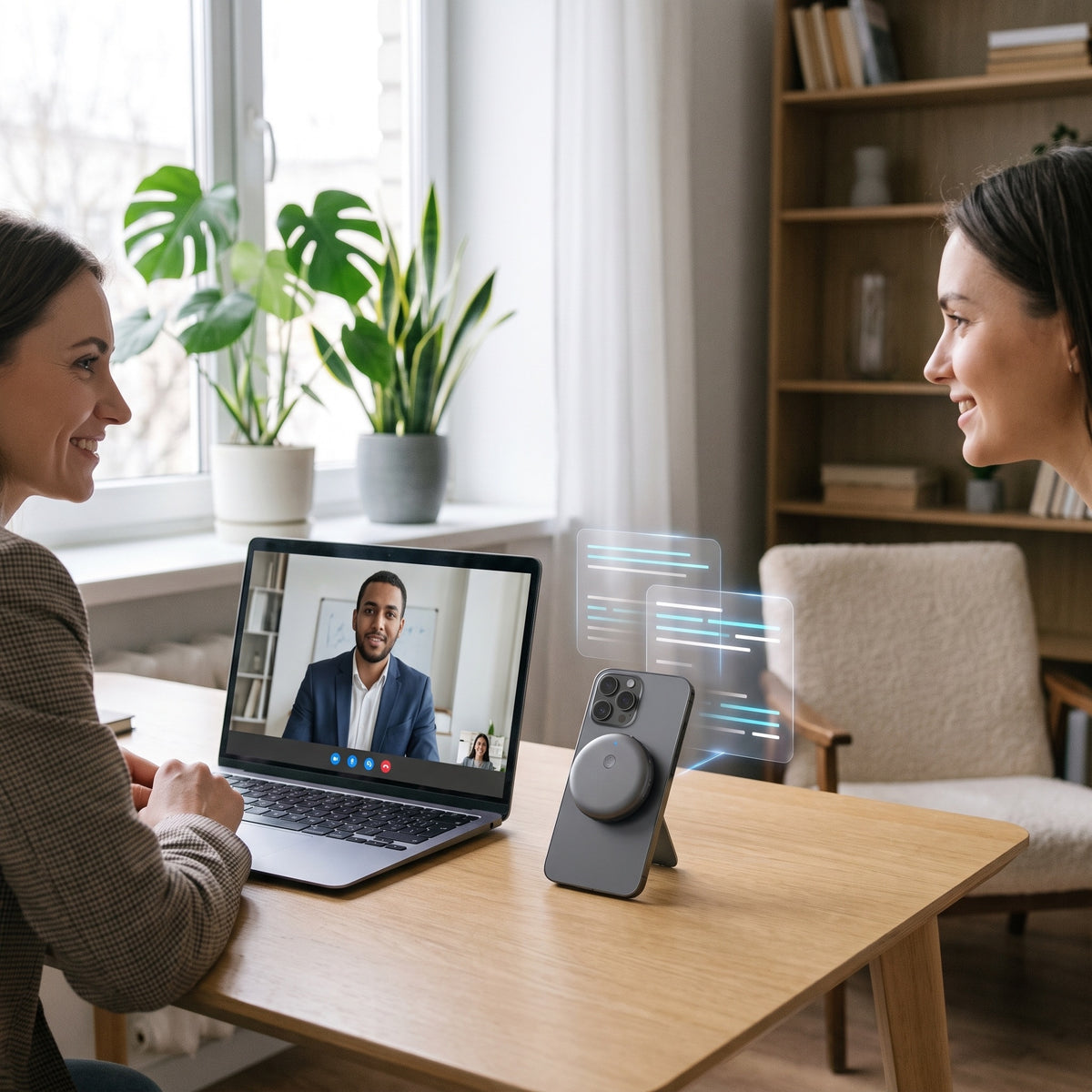 Video call at a home-office desk with the translator on a phone beside the laptop